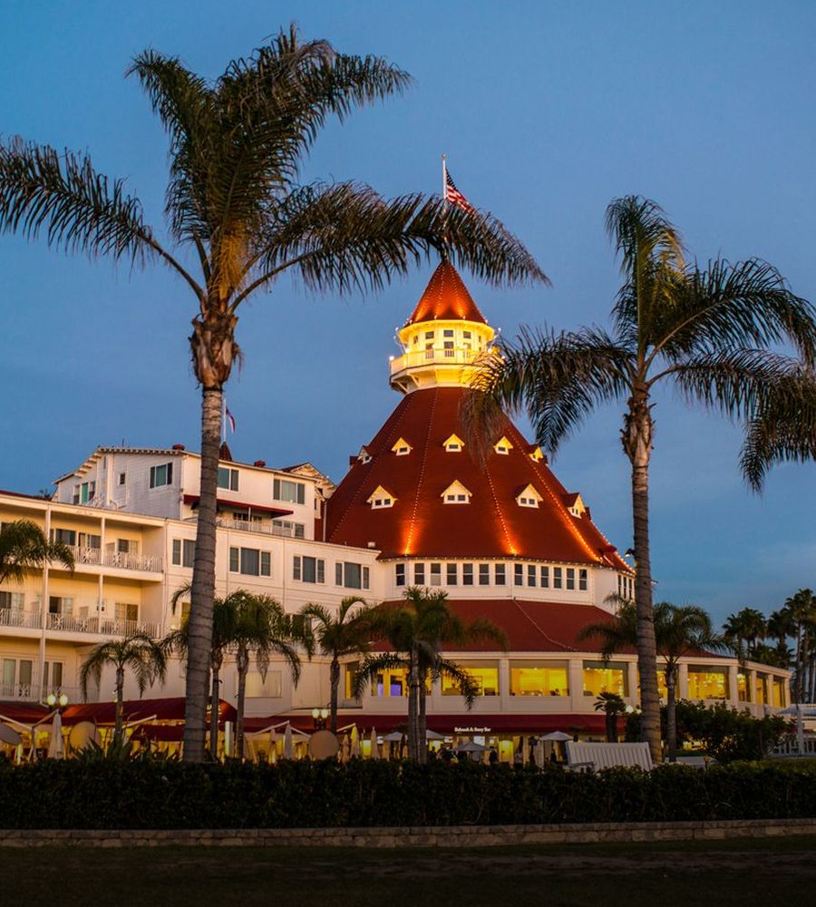 Hotel with palm trees at twilight.