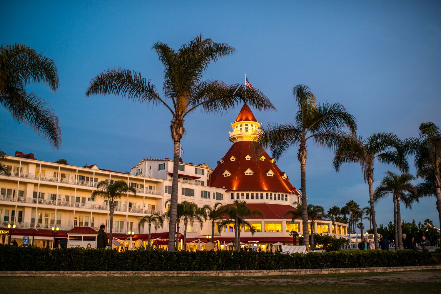 Hotel with palm trees at twilight.